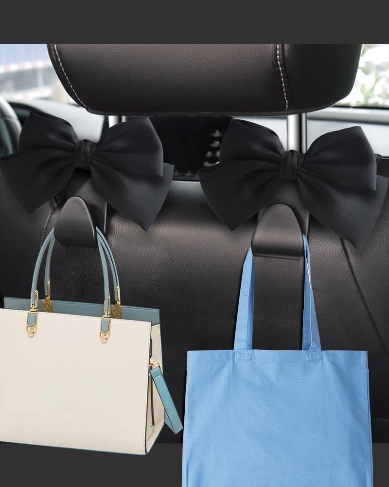 BVGACI 2 Pack Car Purse Hooks, Cute Bow Car Seat Headrest Hook Hanger for Purses and Bags (Black silk) - Image 2